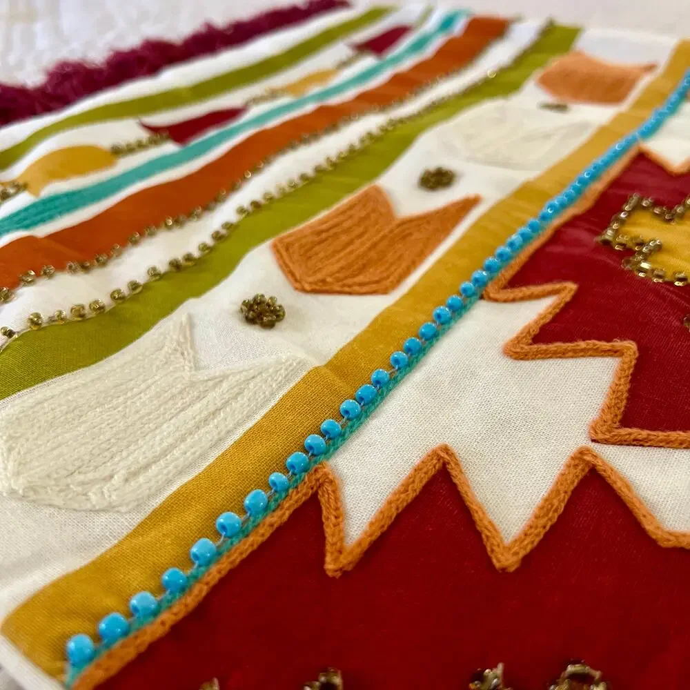 Southwestern Western Lumbar Pillow Cover 20x14 Embroidered Fringe Beaded Cotton